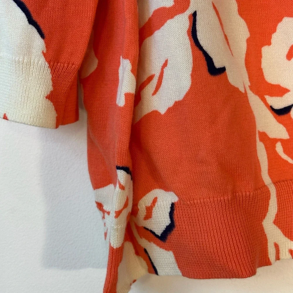 Lands' End Orange Floral Supima Cotton Sweater XL/P‎ 18 3/4 Sleeve Crewneck